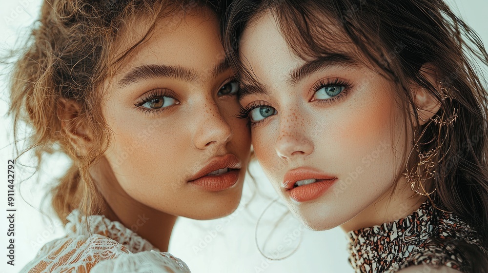 Close-up Portrait Head shot women young two models with different skin and hair colors. multiracil diverse Close-up Portrait Head shot women young two models with different skin and hair colors. multiracil diverse