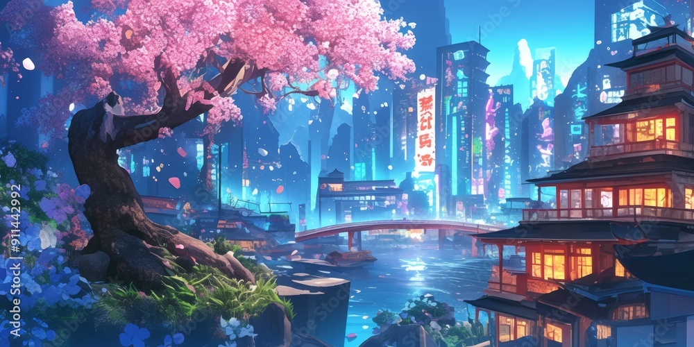 Obraz premium Enchanting Japanese Night Cityscape: Neon-lit Skyscrapers and Cherry Blossoms. Futuristic Anime Fantasy Urban Scene with Pink Sakura Trees. Dreamy Cartoon-style Wallpaper for Creative Marketing. 4K Hi