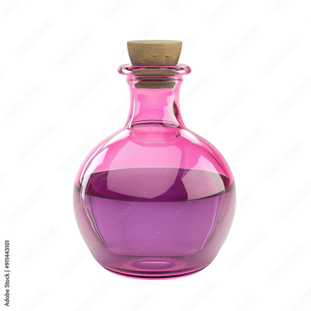 A glass bottle of pink liquid with a cork stopper A glass bottle of pink liquid with a cork stopper