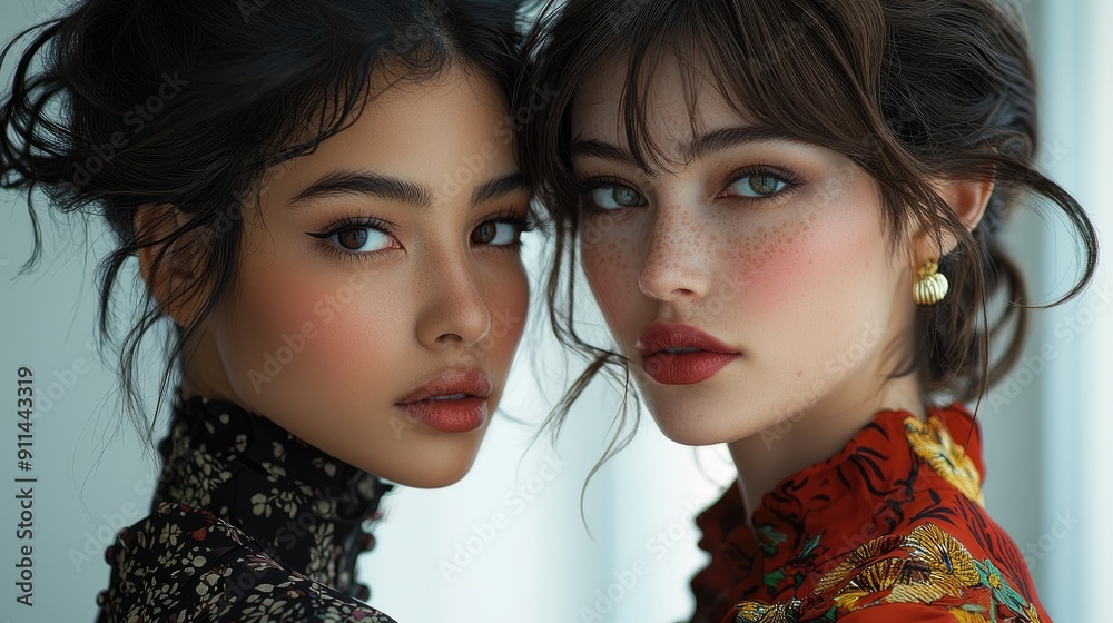 Close-up Portrait Head shot women young two models with different skin and hair colors. multiracil diverse Close-up Portrait Head shot women young two models with different skin and hair colors. multiracil diverse