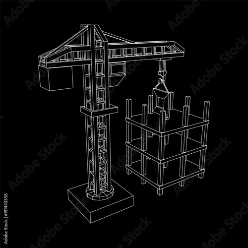 Construction crane tower. Building under construction industrial concept. Wireframe low poly mesh vector illustration.