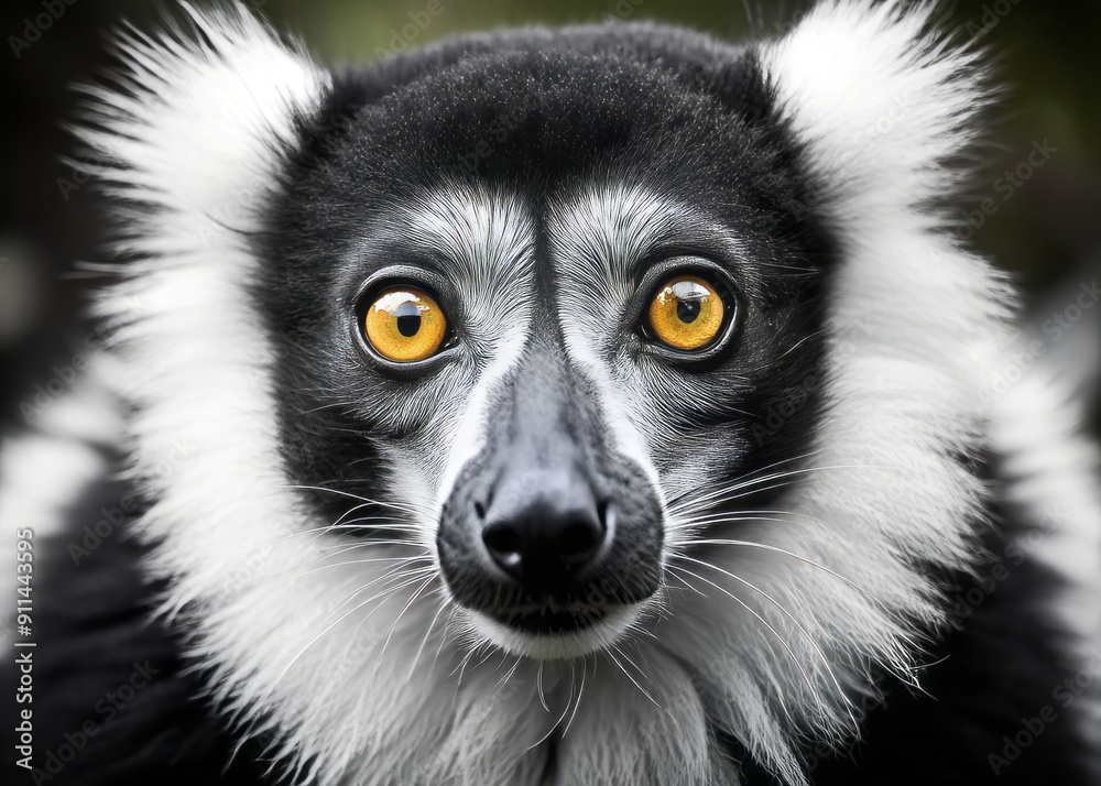 Intense gaze of a black-and-white ruffed lemur in stunning close-up, showcasing its furry face, long whiskers, and expressive eyes in striking monochromatic detail. Intense gaze of a black-and-white ruffed lemur in stunning close-up, showcasing its furry face, long whiskers, and expressive eyes in striking monochromatic detail.