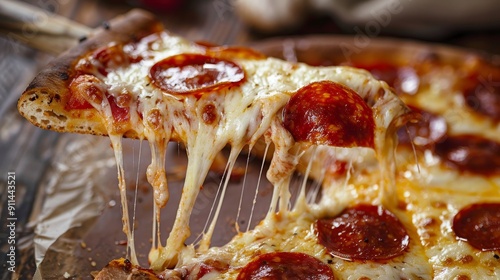 Cheesy Pepperoni Pizza Slice with Melted Cheese Strings, Food Photography, Pizza, Italian Cuisine, Cheese, Pepperoni