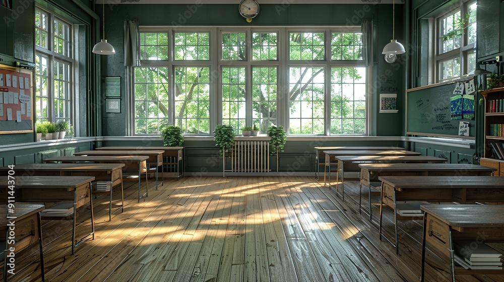 A classroom with desks arranged in a U-shape around a central teaching area A classroom with desks arranged in a U-shape around a central teaching area