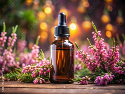 dark glass bottle of aromatherapy oil with precise dropper, surrounded by delicate pink heather flowers and soft, muted lighting, evoking relaxation.