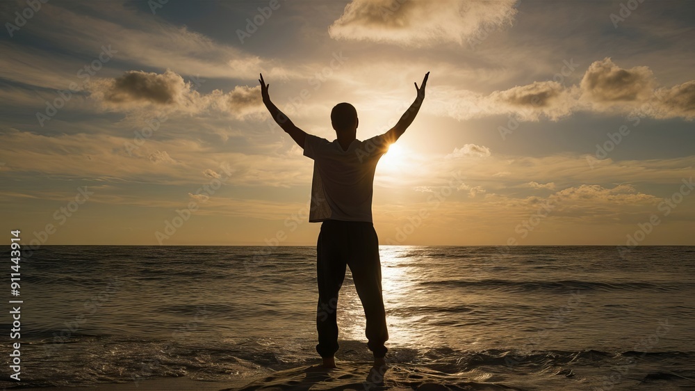 Man standing on the beach, raising his arms and looking up at the sky. The sun is setting, casting a warm glow over the ocean and the man. Man standing on the beach, raising his arms and looking up at the sky. The sun is setting, casting a warm glow over the ocean and the man.