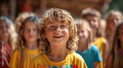 A group of kids acting in a school play on a stage