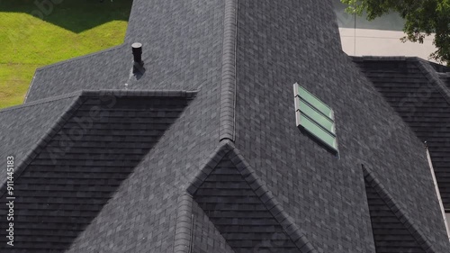Aerial wide view of new roof is installed on a private house