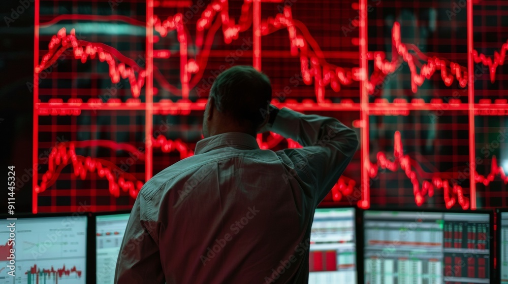 MAN WATCHING ON A SCREEN the Bollinger bands in red or negative, financial crisis