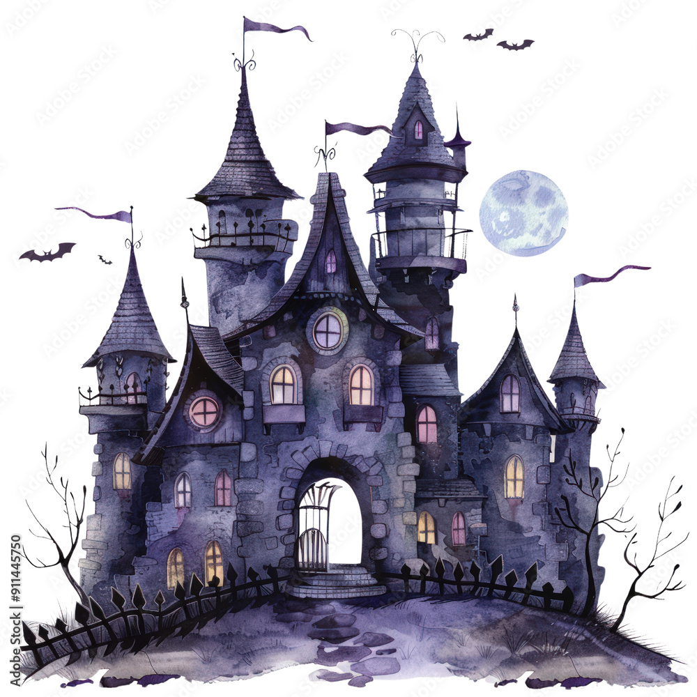 A castle with a moon in the sky and bats flying around it A castle with a moon in the sky and bats flying around it
