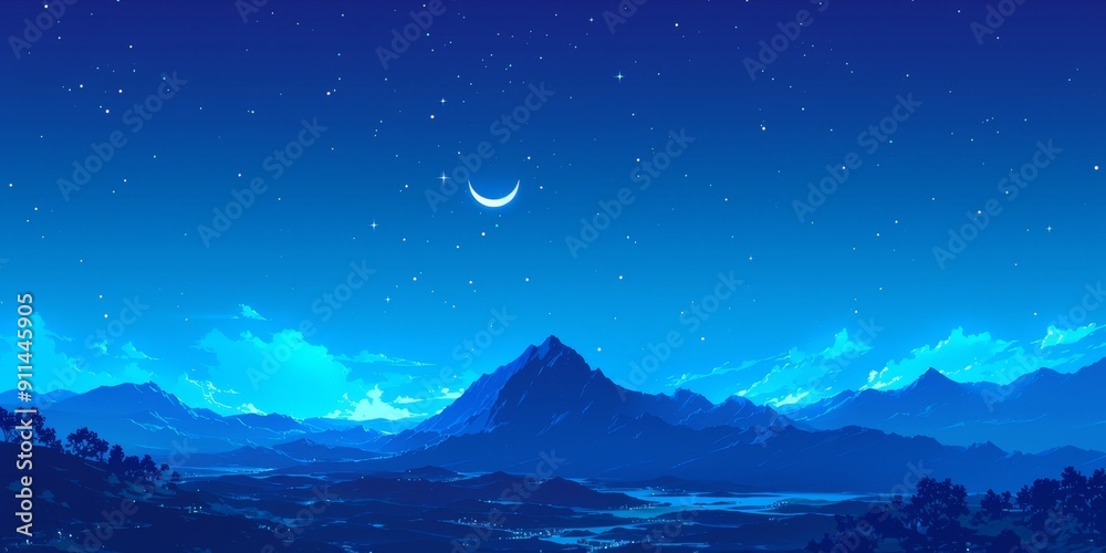 Fototapeta premium Enchanting Moonlit Mountain Landscape: Dreamy Night Sky with Crescent Moon and Clouds. Serene Hillside Silhouettes under Starry Heavens. Anime-inspired Cartoon Scenery for Creative Marketing. 4K Vecto