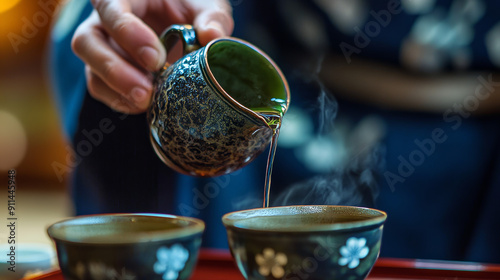 A traditional Japanese ritual where sake is poured and served in a specific manner, often involving a formal seating arrangement and a ritualized way of holding the cup. photo