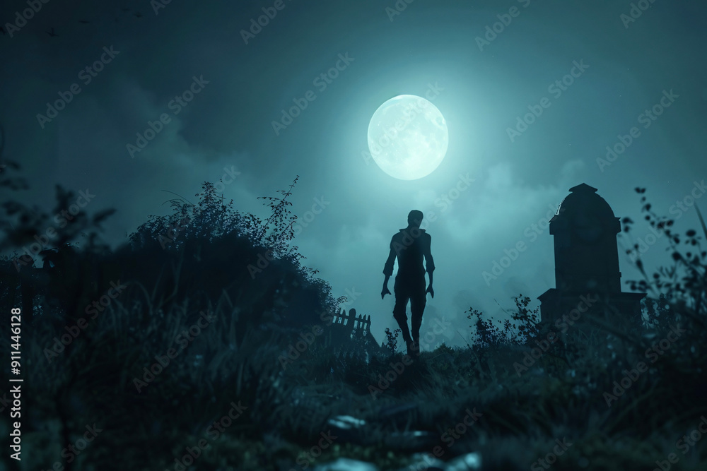 Scary zombie walking in a cemetery at night under the light of a full moon Scary zombie walking in a cemetery at night under the light of a full moon