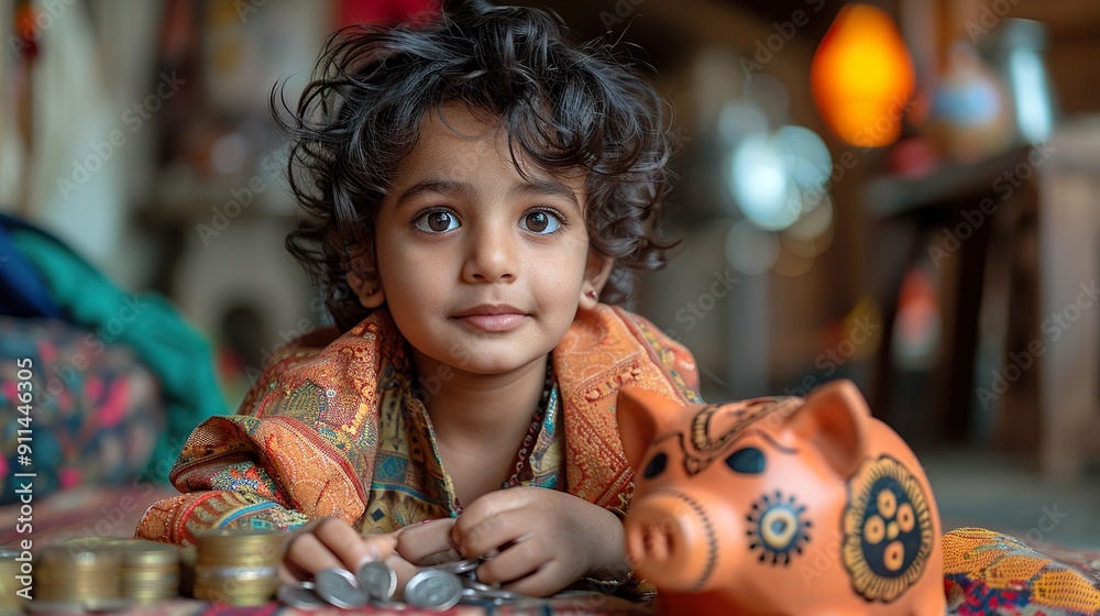 A young Indian boy placing coins into a traditional clay piggy bank, looking proud.