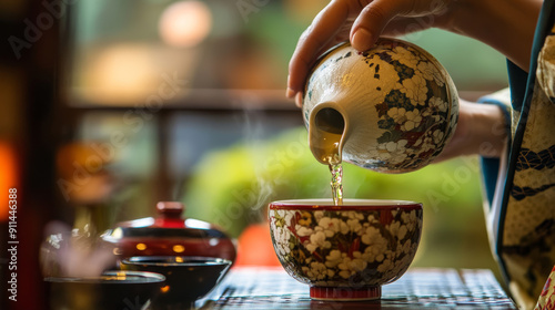 A traditional Japanese ritual where sake is poured and served in a specific manner, often involving a formal seating arrangement and a ritualized way of holding the cup. photo