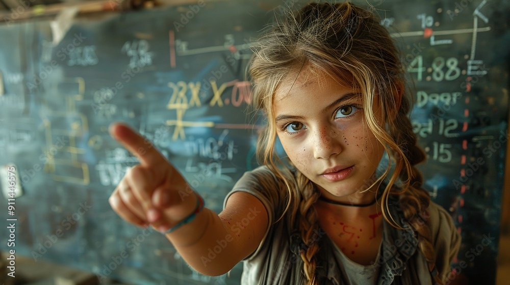 A young Indian girl pointing to a math problem on the green chalkboard, looking proud of her work. A young Indian girl pointing to a math problem on the green chalkboard, looking proud of her work.