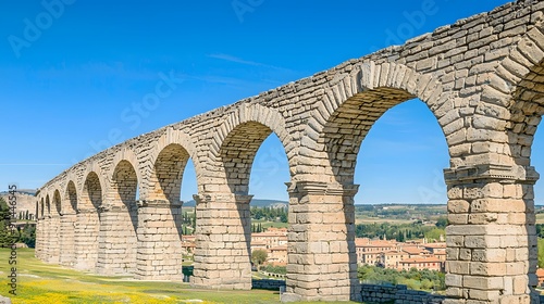 Roman Aqueduct in Segovia The ancient Roman aqueduct in Segovia is depicted with its impressive arches and stone construction. The image captures the aqueduct stretching across the landscape, 