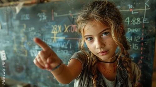 A young Indian girl pointing to a math problem on the green chalkboard, looking proud of her work.