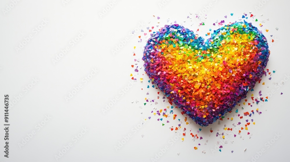 Bright rainbow-colored heart of confetti on a white background, ideal for celebratory and inclusive designs with text space. Bright rainbow-colored heart of confetti on a white background, ideal for celebratory and inclusive designs with text space.