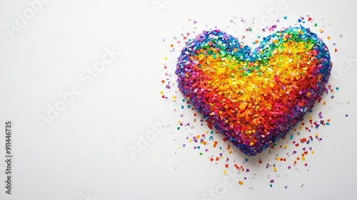 Bright rainbow-colored heart of confetti on a white background, ideal for celebratory and inclusive designs with text space.