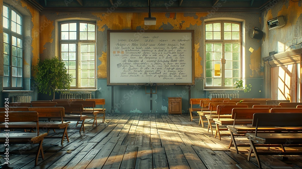 Fototapeta premium An empty classroom with a large whiteboard and motivational quotes on the walls