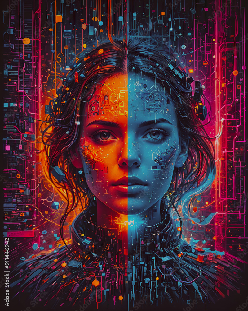 Fototapeta premium Futuristic portrait of a beautiful girl with cybernetic face, Modern art