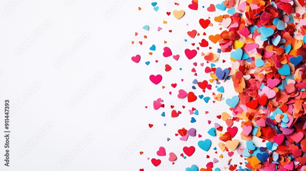Fototapeta premium Colorful heart-shaped confetti against a white background, perfect for adding text on the right side.