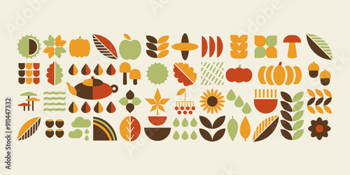 Big set of autumn fall shapes, geometric bauhaus minimalistic elements for design, contemporary natural organic harvest background, vector banner