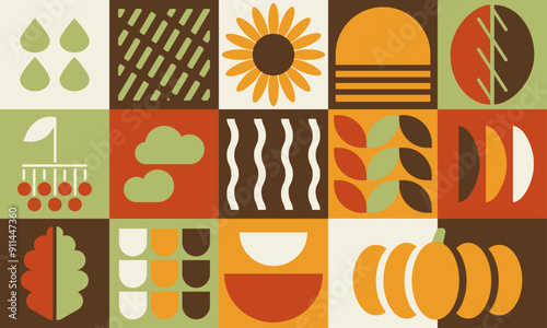 Natural autumn fall geometric background, organic harvest seamless pattern, bauhaus contemporary banner, with leaf, mushroom, chestnut, acorn, nut, pumpkin, sunflower, abstract shapes