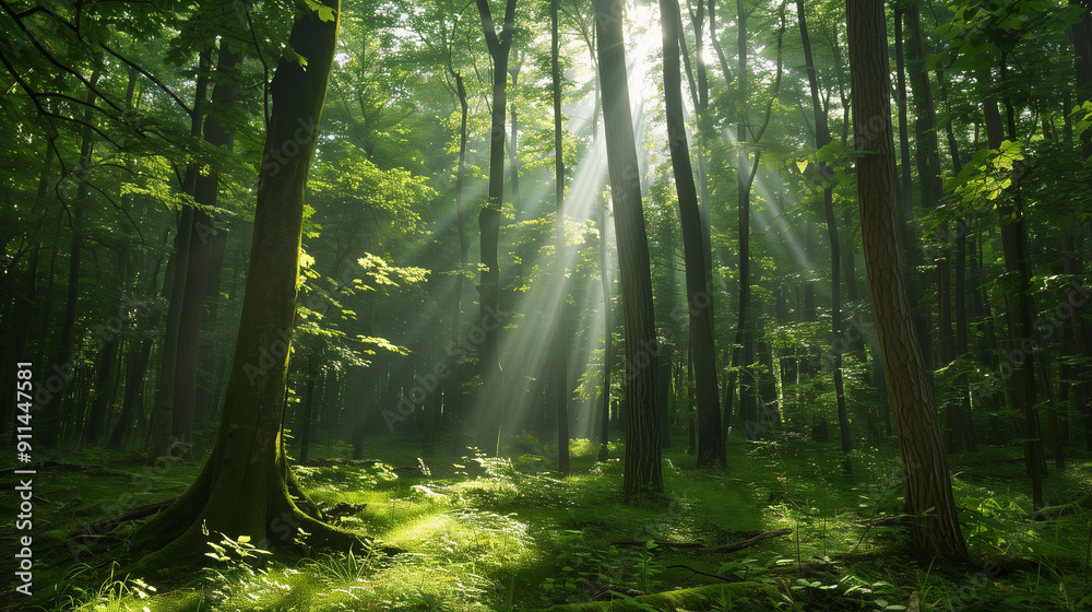 Obraz premium 반짝이는 빛들과 나무들 사이로 아침 햇살이 스며드는 숲 속