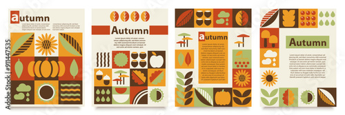 Set of autumn geometric bauhaus poster, vertical templates with copy space, natural organic shapes, acorns, sunflowers, chestnuts, mushrooms, leaves, harvest festival postcards