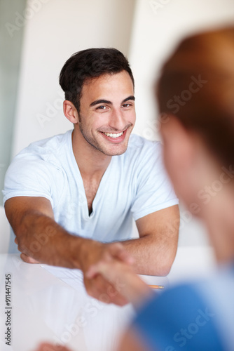 Happy businessman, handshake and meeting with partnership for introduction, greeting or b2b at office. Business people shaking hands in collaboration for teamwork, deal or agreement at workplace