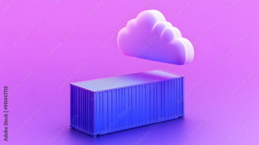 3D illustration of a blue shipping container and a cloud icon on a pink background, representing cloud computing and containerization. 3D illustration of a blue shipping container and a cloud icon on a pink background, representing cloud computing and containerization.