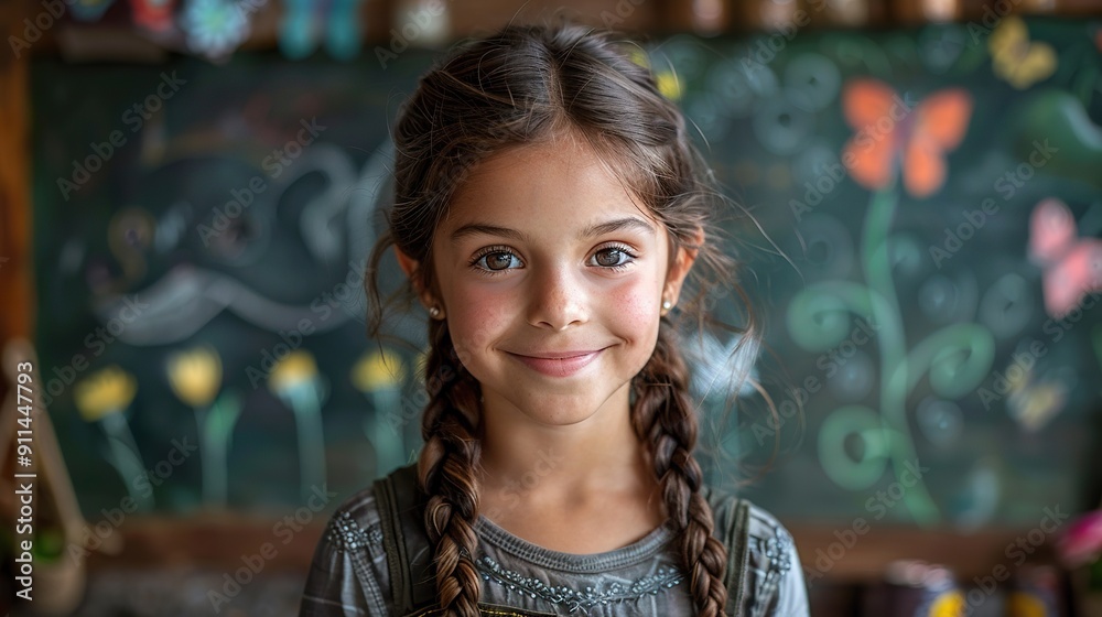 An Indian girl with braided hair standing in front of a green chalkboard with drawings of flowers and butterflies.