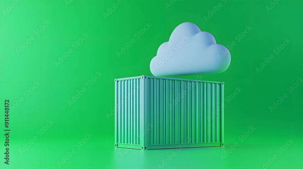 3D illustration of a cloud above a shipping container on a green background, representing cloud storage, technology, and logistics. 3D illustration of a cloud above a shipping container on a green background, representing cloud storage, technology, and logistics.