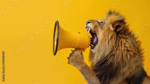 A funny lion holding a yellow loudspeaker and screaming on a yellow background, A fun lion speaks into a megaphone. Management and advertising.