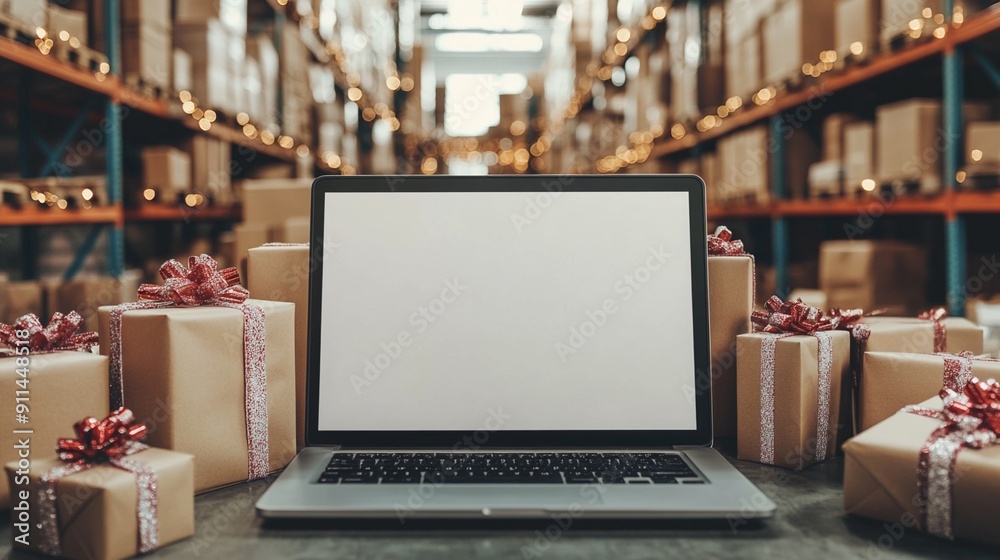 Laptop with blank screen surrounded by gift boxes in warehouse, festive lights in background, online shopping concept for holidays. Laptop with blank screen surrounded by gift boxes in warehouse, festive lights in background, online shopping concept for holidays.