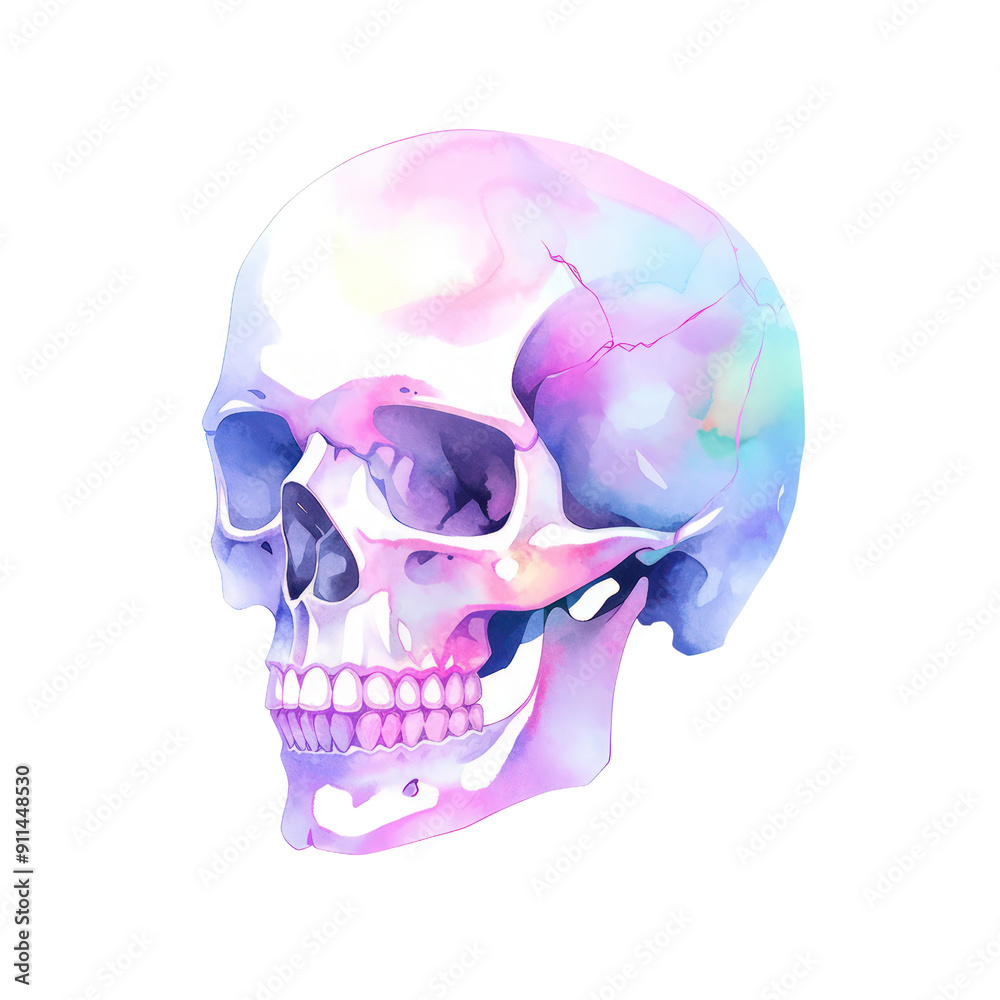 A colorful skull with a pinkish purple hue
