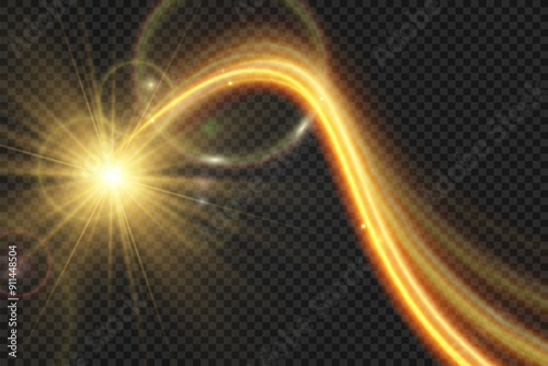 Light wave of shiny gold lines.Gold color glowing design element.Wavy bright stripes.

