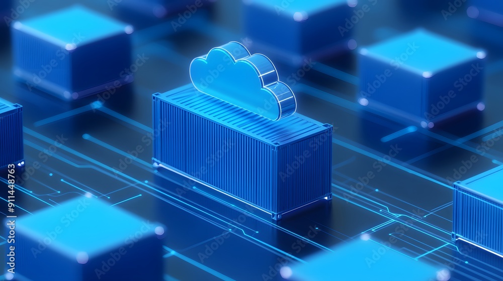 3D illustration of a cloud computing concept with blue blocks, representing data storage and computing technology. 3D illustration of a cloud computing concept with blue blocks, representing data storage and computing technology.