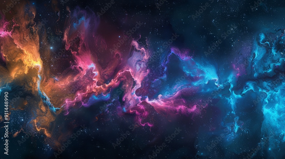 Obraz premium A mesmerizing display of vibrant nebula clouds, swirling with cosmic energy amidst a backdrop of twinkling stars.