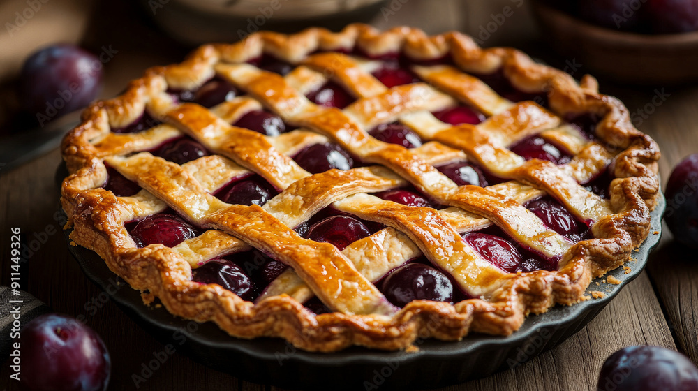 A yummy pie with plums is on the table, ready to be eaten. A yummy pie with plums is on the table, ready to be eaten.