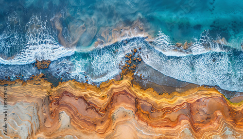 Ariel view of rocky coastline with colourful sand beside ocean with waves