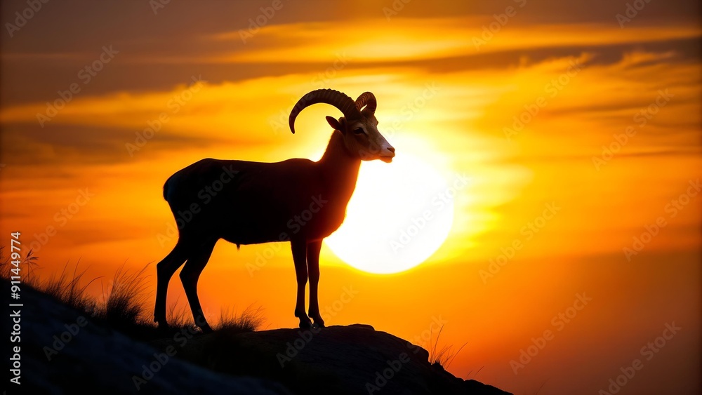 Obraz premium Bighorn Sheep Silhouette Against a Setting Sun AI generated