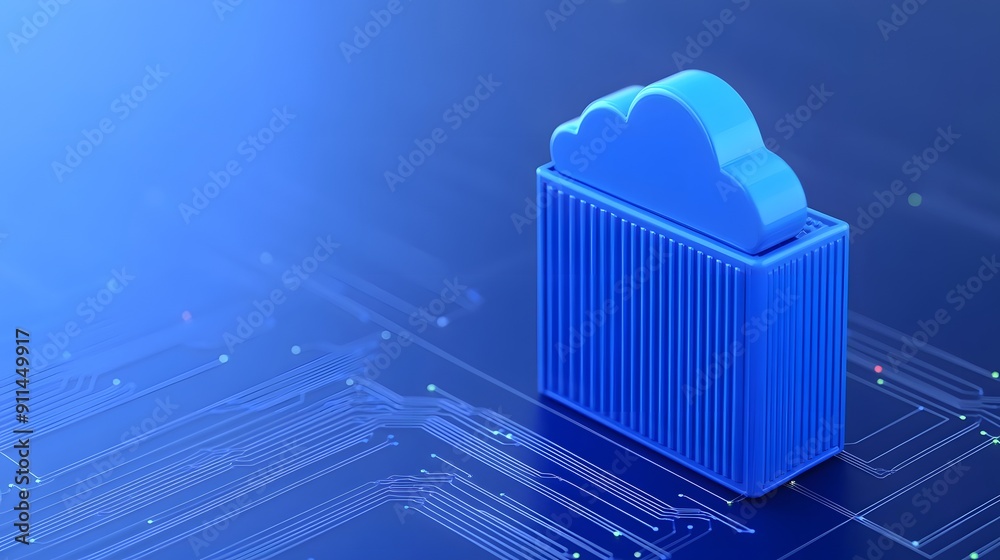 Fototapeta premium 3D illustration of a cloud server on a digital circuit board background, representing cloud computing and online data storage technology.