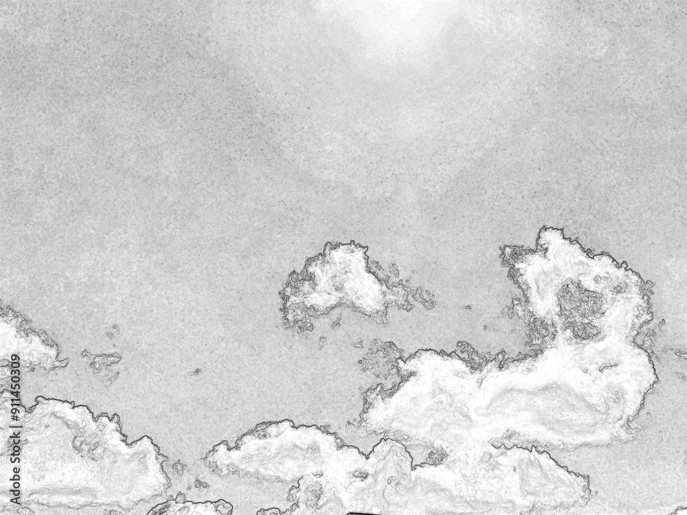 Naklejka premium Summer white fluffy cumulus clouds in the deep blue sky. Pencil drawn sketch illustration, sketchy draft