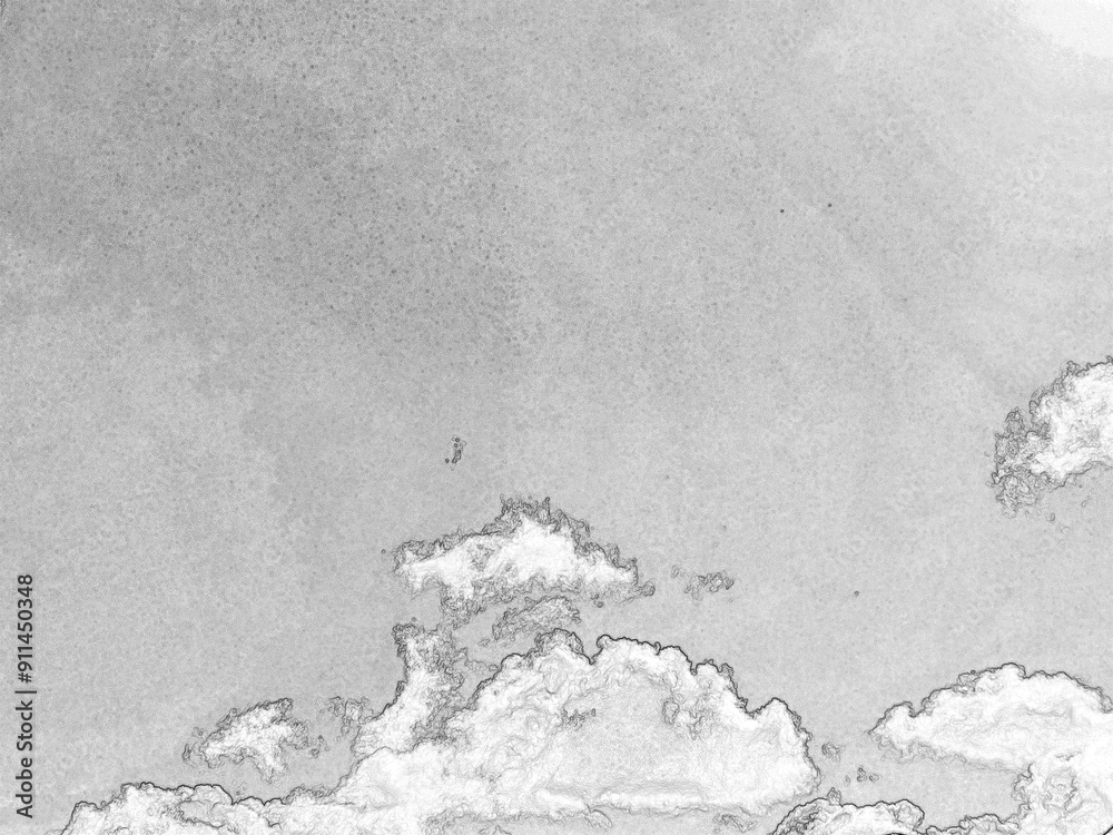 Fototapeta premium Summer white fluffy cumulus clouds in the deep blue sky. Pencil drawn sketch illustration, sketchy draft
