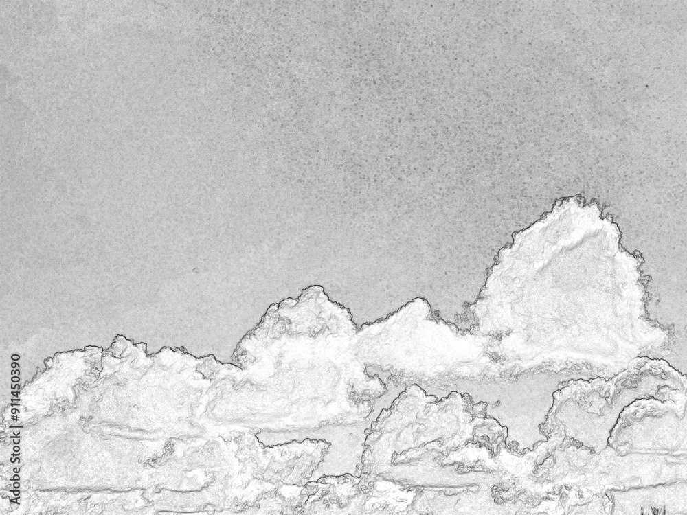 Fototapeta premium Summer white fluffy cumulus clouds in the deep blue sky. Pencil drawn sketch illustration, sketchy draft