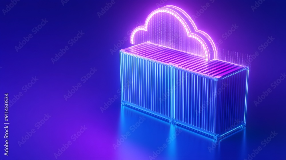3D illustration of a glowing cloud and container, representing cloud computing and data storage technology on a purple background. 3D illustration of a glowing cloud and container, representing cloud computing and data storage technology on a purple background.