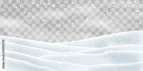 Snow flakes, snow and blizzard falling on snowdrifts. Snow landscape decoration, frozen hills isolated on png background. Vector heavy snowfall with snowbanks field. Christmas vector illustration